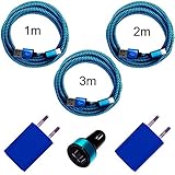 i! - 2X 1A USB Netzteil + KFZ Auto Ladegerät + 1m + 2m + 3m Nylon USB-C Schnellladekabel Datenkabel Set für Handy Tablet Smartphone - blau