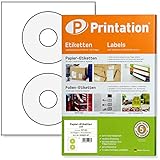 Printation CD Label Aufkleber 117 mm, 50 CD Sticker, 2 CD DVD Etiketten pro A4 Bogen, 25 Etiketten A4 Bogen, ClassicSize Rund, Bedruckbare Klebeetiketten für alle A4-Drucker, Etiketten zum Bedrucken