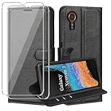 MEMELOKA Handyhülle für Samsung Galaxy Xcover 7 mit 2 Stück Schutzfolie, Internes TPU Stoßfest und Premium PU Flip Wallet Schutzhülle mit Kartenfächer[Magnetverschluss][Standfunktion] - Schwarz