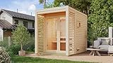 Chillroi Karibu Saunahaus Angelia mit 9 kW Saunaofen und integrierter Steuerung naturbelassen Außensauna mit Sichtschutz, Fenster und Glastür (231x276x191 cm)