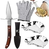 Austernmesser Set, 1 stücke Holzgriff Austernöffner mit 1 Paar Schutzhandschuhen der Stufe 5 (L) und 2 stücke Austernschale aus Edelstahl, Edelstahl Austernmesser für Schalentiere oder Hartkäse