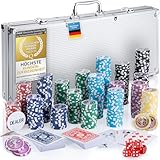 GOODS+GADGETS Profi Pokerkoffer Pokerset 500 Schwerer 12g Metallkern Poker-Chips; Pokerdeck, Pokerkarten, Würfel, Dealer-Button; abschließbar Alu-Koffer; Casino für Zuhause (Silber, 500 Chips)