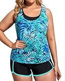 Holipick 3-teiliger Tankini-Badeanzug für Damen, Übergröße, Bauchkontrolle, Badeanzüge mit Jungen-Shorts, Tanktop mit Sport-BH, Blaue Blätter, 18 Plus