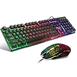 BAKTH Gaming Tastatur und Maus Set, LED Hintergrundbeleuchtung QWERTZ DE Layout, Regenbogen Farben Beleuchtete USB Wasserdicht mit 2400 DPI für Pro PC Gamer