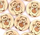 12 wunderschöne Holzknöpfe rund natur mit Teddy-Aufdruck- 15mm 2 Löcher zum aufnähen annähen DIY Handarbeit Scrapbooking für Kinderkleidung Jacken Mützen Strampler