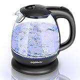 Aigostar Elfin Mini-Wasserkocher aus Borosilikatglas mit LED-Beleuchtung, 2200 W, Kapazität 1 l, BPA-frei, schnelles Kochen, Vakuumschutz, Schwarz