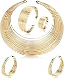 JeweBella 5 Stücke Halskette African National Statement Damen Armband Manschetten Offenes Bib Mode Schmuck Set Creolen Ohrringe Frauen Ringe Gold/Silber Statement Chunky Halsketten