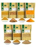 BIO Indische Gewürzmischungen Masala 7er SET - Garam Masala, Hot Bombay Curry, Madras Curry, Asia Wok, Chai Masala, Kurkuma Grundausstattung Geschenkset BIO Gewürzset Gewürze Set