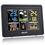 BALDR Wetterstation Funk mit Außensensor, Digital Farbdisplay DCF-Funkuhr Innen und Außen Thermometer Hygrometer, Funkwetterstation mit Wettervorhersage, Barometer und Mondphase, Netzteil