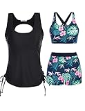 JASAMBAC Tankini GroßE GrößEn,Badeanzug Damen Bauchweg 3-Teiliger Bikini Set,Push-Up-Bikinioberteil Und High Waist Badeshorts, Einfache Badebekleidung, Damen-Sport-BadeanzüGe