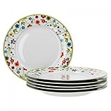 van Well Vario Speiseteller-Set 6-teilig - Tafel-Service für 6 Personen - flache Ess-Teller mit Ø 26,5cm - Porzellan-Service weiß mit Rand in Flower Design - Teller-Set mikrowellengeeignet