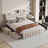 BSCFHCZ 160 x 200 cm, beige, Doppelbett mit Stauraum, gepolstertes Bett mit Lattenrost, funktional mit Kopfteil, LED, USB und 4 Schubladen, Bett aus Leinen (Beige A)