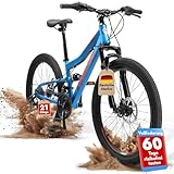 BIKESTAR Kinder Fahrrad Fully Mountainbike 21 Gang Shimano, Scheibenbremse ab 8 Jahre | 24 Zoll Kinderrad MTB | Blau