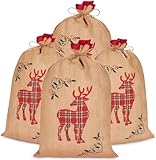 BRUBAKER 4er Set Weihnachtssack Rentier - 80 cm Geschenksack für Weihnachten - Rot Karomuster - Nikolaussack aus Jute - Sack mit Kordel zum Verpacken von Geschenken