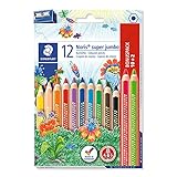 STAEDTLER Buntstift Noris super jumbo, erhöhte Bruchfestigkeit, Sechskantform, ABS-System, attraktive Sternchenprägung, Set mit 12 brillanten Farben und einem Spitzer, 129 NC12P1, 12 Stück (1er Pack)