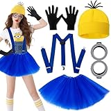 Sunshine smile Minion Kostüm Zubehör,Gelbes Kostüm set für cosplay,1 Brille Gelbe 1 Mütze 1 Schwarze Handschuhe Set,Schwarze Handschuhe und Gelbe Beanie Hüte, für Damen Herren Kinder