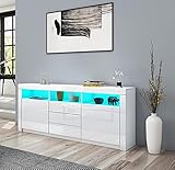 Senvoziii Sideboard Hochglanz Matt Anrichte Schrank mit 2 Türen 3 Schubladen & LED Beleuchtung TV Lowboard Für Esszimmer Wohnzimmer Möbel Weiß