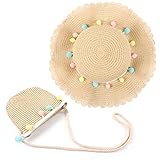 MAMUNU Strohhut und Kleine Tasche Set, Sommer Sonnenhut Mädchen Kinder, Kinderstrohhut mit Blumendekoration für den Tourismus Urlaub Reise Strand Outdoor-Aktivitäten,Stil 03 Beige
