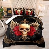 Generisch Bettdecke 230X260 Krahe Schädel Steppdecke Mit 200Gsm Mikrofaser Füllung, 4 Jahreszeiten Waschbar Bettdecken, Leichte Ganzjahresdecke Mit 2 Kissenbezügen,3D Druck Quilted