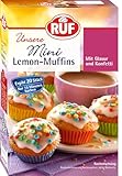 RUF Mini-Lemon-Muffins, Backmischung mit Zitronen-Geschmack, Zitronenglasur und buntem Konfetti Streudekor, mit 20 bunten Muffin-Förmchen, 1 x 350g