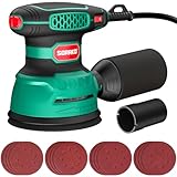 SORAKO Exzenterschleifer 350W, 125MM Exzenterschleifer, 6 Geschwindigkeiten, 16 Stück Schleifpapier, mit Staubsammlung und Schnellbremsfunktion, geeignet zum Schleifen, Polieren von Holz, Heimwerken