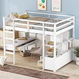 YCYDHDM Hochbett 140x200cm mit Schreibtisch und Regalen, Kinderhochbett Jugendbett mit Rausfallschutz und Stauraum, Bettgestell aus Kiefernholz, Doppelbett Kinderbett, Weiß