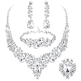 JeweBella 5PCS Hochzeit Schmuck Sets für Damen Kristall Braut Halskette Silber Vintage Strass Ohrringe und Armband Zirkonia Ringe Verlobung Brautjungfer Prom