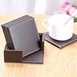 Leder Tischset Set, Waschbar Anti-rutsch Tischmatte, 18cm Runde Quadratische Isoliermatte, Home Hotel Untersetzer Schüsselmatte (11 cm Brown Leather Pattern (Square))