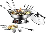 UNOLD 48746 Asia-Fondue - 1.950 W, für 6 Personen mit 6 Gabeln und Körbchen, mit abnehmbarer Grillplatte, Glasdeckel, Fonduetopf aus Edelstahl, Fondue- und Grillfunktion