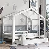 Kelodan Kinderbett 90x200cm Hausbett, Holzbett mit Tafel und 2 Schubladen, Massivholz mit Zaun und Lattenrost, Weiß (ohne Matratze)