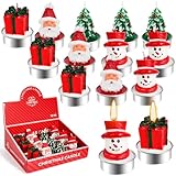 BUZIFU 12 Stück Weihnachten Teelicht Kerzen, 4 Designs Mini Weihnachtskerzen Teelichter Weihnachtsbaumkerzen Schneemann Weihnachtsmann Geschenkbox Deko Kerzen für Advent, Weihnachtstisch Adventskranz
