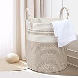 HDRNT Wäschekorb Geflochten aus Baumwolle，45L Wäschesammler mit Henkel,Geflochtener Wäschesortierer, Laundry Basket Aufbewahrungskorb für Wäschekammer Kinderzimmer Bad (35cm*40cm) (beige+weiß)