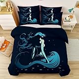 Bettwäsche Set Bettbezug Abstrakte Meerjungfrau-Silhouette Druck Doppelseitig Bettwäsche 180 x 200 cm Dunkelblau Bettbezug für Erwachsene und Kinder 2 Kissenbezüge 80x80cm