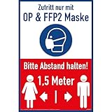 1x Schild Maskenpflicht Schilder OP & FFP2 Maskenpflicht Hartschaumplatte 300x200x3mm FFP2 Mund- und Nasenschutz tragen Hinweis 1,5 Meter Abstand halten Motiv Maske Hinweisschild Blau Abstand halten