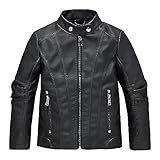 linboo Lederjacke Kinder Bomberjacke Jungen Mädchen Motorradjacke mit Stehkragen Blouson Frühling Herbst Kunstlederjacke, Schwarz 01, 134-140