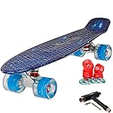 FunTomia 57cm Mini-Cruiser Board Skateboard mit oder ohne LED Leuchtrollen inkl. Aluminium Truck, ABEC-9 Kugellager und T-Tool (Galaxy blau mit Blaue LED Rollen)