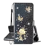 SEHEYA Klapphülle für Honor 10X Lite PU Lederhülle Glitzer Hülle Klappbar 3D Strass Diamant Schmetterling Katze HandyHülle zum Klappen Schutzhülle Flip Cover, Schwarz