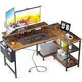 ODK L-förmiger Schreibtisch mit USB-Ladeanschluss & Steckdose, Eckschreibtisch Gaming mit Regalen Reversibel, L-förmiger Computertisch mit Monitorständer für Büro, Heimbüro, Braun, 120x80x88cm