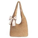 CorkAllin Sommer Strohtasche Korbtaschen, Hobo Strand Umhängetasche für Damen, Vintage Leichte Faltbare Geflochtene Tragetasche für Reisen, Arbeit mit reißverschluss (Aa-Brown)