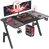 HLONONE Gaming Schreibtisch 120 x 60cm, Gaming Tisch, Stabiler PC Schreibtisch mit Kohlefaserbeschichtung, Ergonomischer Computertisch mit Kopfhörerhaken und Getränkehalter, Schwarz