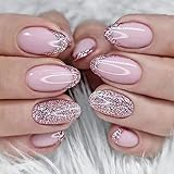 24 Stück Künstliche Nägel Kurz Mandel Falsche Nägel Französische Rosa Glänzend Acryl Press on Nails 12 Größen Kunstnägel Nägel Zum Aufkleben für Frauen und Mädchen Party und Heimat DIY