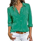 UJUNAOR Damenhemd Mode Frauen Revers Top Bluse Solide Herbst Casual Langarm Shirt XXXXXL(Grün,EU M/CN L)