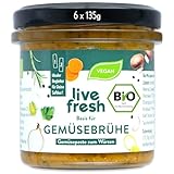 LiveFresh BIO Gemüsebrühe | 6 x vegane Gemüsepaste (135g) ohne Glutamat und Zusätze | Glutenfreie Alternative zur Brühe aus Pulver | Aus Karotten, Sellerie, Zwiebeln, Lauch & Ingwer | DE-ÖKO-006