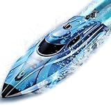 Ferngesteuertes Boot mit LED-Licht, 25KM/H Boot Ferngesteuert für Kinder, 2.4GHz Speedboot mit 2 Batterien für 40 Minuten Spielzeit, RC Speedboot Geschenk für Kinder ab 6 8 Jahre (Blau)