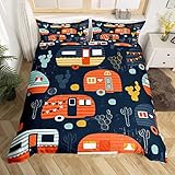 Erosebridal Camper-Bettwäsche-Set, Motiv: Happy Camping, Camper, Queen-Size-Größe, Camping-Dekoration, Trösterbezug, Cartoon-alte Scheunentür, Skizze, Zeichnung, Schlafzimmer, Dekoration für Kinder,