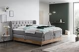 Belanoti EON Boxspringbett 180x200 elektrisch verstellbar 7-Zonen Taschenfederkern Matratze inkl Visco Topper Bett 180x200 mit Motor in der Farbe Hellgrau H2/H3 Polsterbett Motorbett mit Massivholz