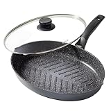 STONELINE XXL Fisch- und Schnitzelpfanne, 35,2 x 24,3 cm, mit Glasdeckel, induktionsgeeignet, Aluguss, Antihaftbeschichtung mit echten Steinpartikeln, Grau