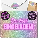 12x Glitzer Party Einladungskarten - Für den Kindergeburtstag von Mädchen - coole Glitzer Geburtstagseinladungen +12 Umschläge +24 Sticker +12 Geschenktüten