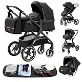 GLOKID Kinderwagen 3 in 1,Reisesysteme, Buggy mit Umkehrbarem Zwei-Wege-Schub,Babywanne Buggy&Sportsitz,Voll-Gummireifen,Mit Einem Klick Zusammenklappbarer,Zubehör,Tragbarer (LQL HX1 Schwarz)