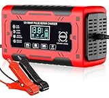 Autobatterie Ladegerät, 12V/6A Smart vollautomatische KFZ Batterieladegerät mit Temperaturkompensation für Auto LKW Motorrad Rasenmäher Boot Marine Batterien Rot (RED)